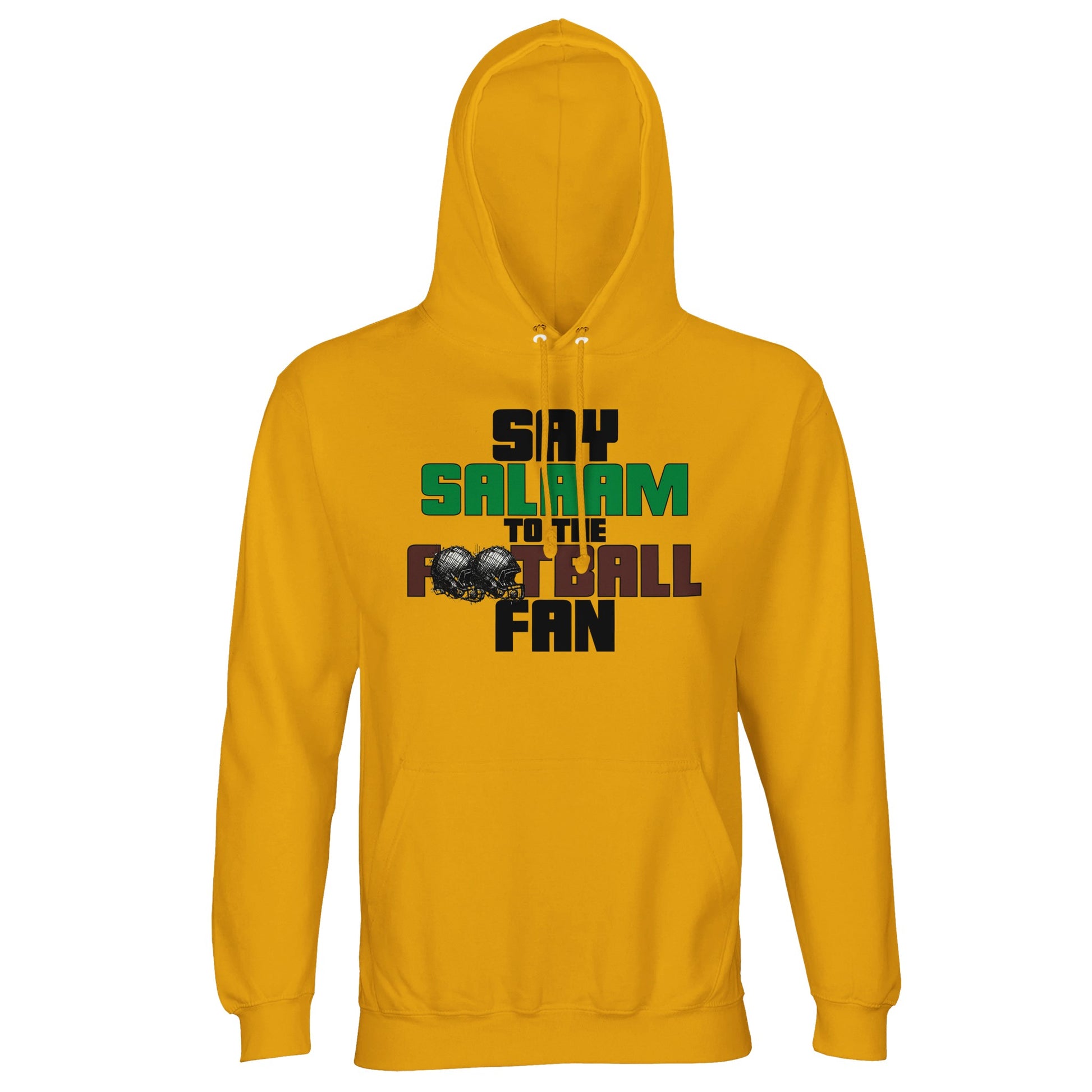 Say Salaam to the American Football Fan Original Part-Recycled Cotton-Poly Adults Hoodie – Gold / Gamboge featuring bold, text-based design in Black, La Salle Green and American Football Leather Brown — with sketch-style helmets for a gritty, NFL-inspired graphic. A faith-friendly, modest hooded top for fantasy football, college football, or those tracking NFL scores, wide receiver highlights, and sports clips between prayer times. Ideal for game-day outfits, sports-themed gifts and throwing NFL balls.