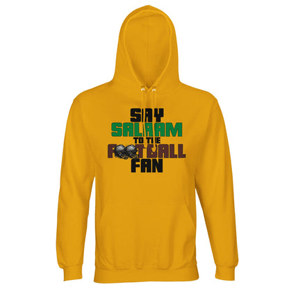 Say Salaam to the American Football Fan Original Part-Recycled Cotton-Poly Adults Hoodie – Gold / Gamboge featuring bold, text-based design in Black, La Salle Green and American Football Leather Brown — with sketch-style helmets for a gritty, NFL-inspired graphic. A faith-friendly, modest hooded top for fantasy football, college football, or those tracking NFL scores, wide receiver highlights, and sports clips between prayer times. Ideal for game-day outfits, sports-themed gifts and throwing NFL balls.