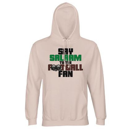 Say Salaam to the American Football Fan Original Part-Recycled Cotton-Poly Adults Hoodie – Creamy Pink / Oyster Pink featuring bold, text-based design in Black, La Salle Green and American Football Leather Brown — with sketch-style helmets. A sustainable, modest hooded top for fantasy football fans, college football diehards, or those following NFL scores or touchdowns, wide receiver stats, and sports clips between prayer times. Ideal for game-day outfits, sports-themed gifts and throwing NFL balls.