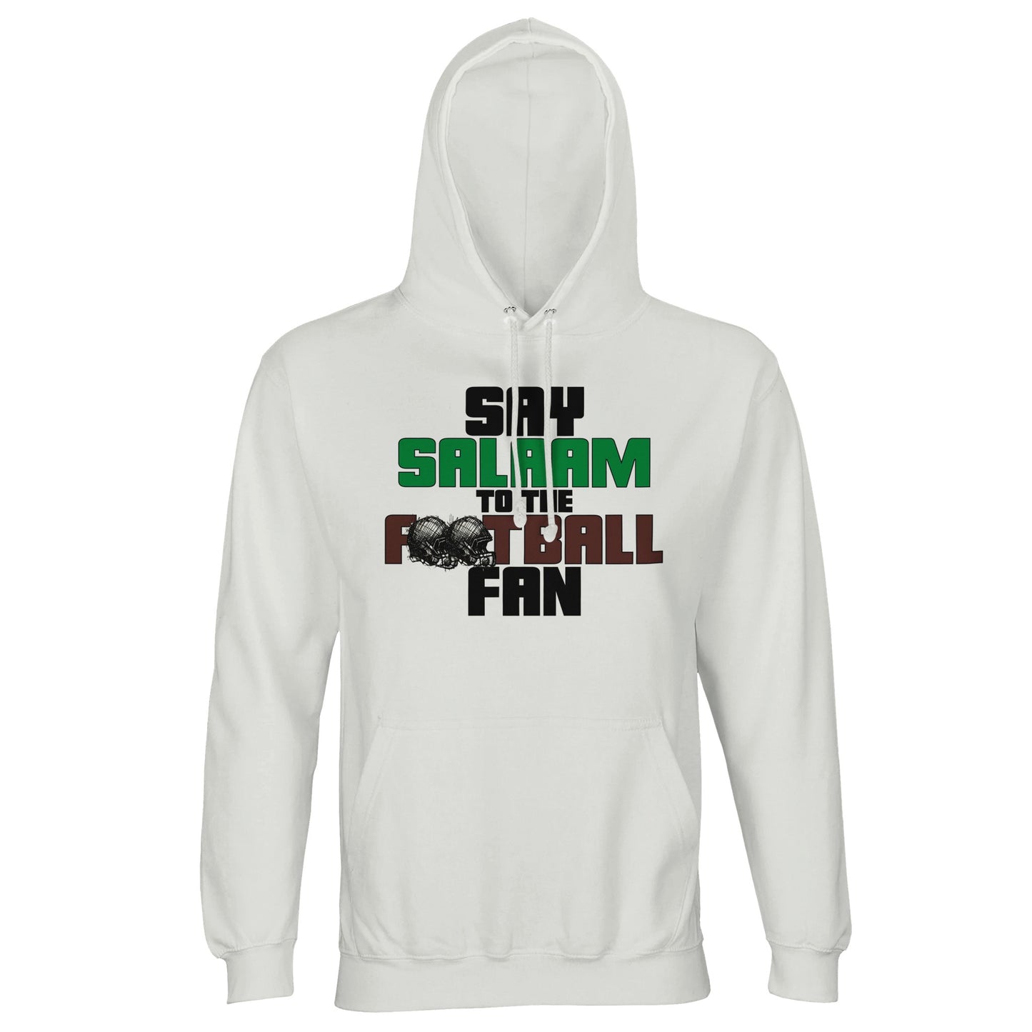Say Salaam to the American Football Fan Original Part-Recycled Cotton-Poly Adults Hooded Top – White / Platinum featuring bold, text-based design in Black, La Salle Green and American Football Leather Brown — with sketch-style helmets replacing the two O’s in FOOTBALL, inspired by classic NFL graphics. A faith-friendly, sustainable hooded top made for fans who follow touchdowns, check scores, and support their team between prayer times.