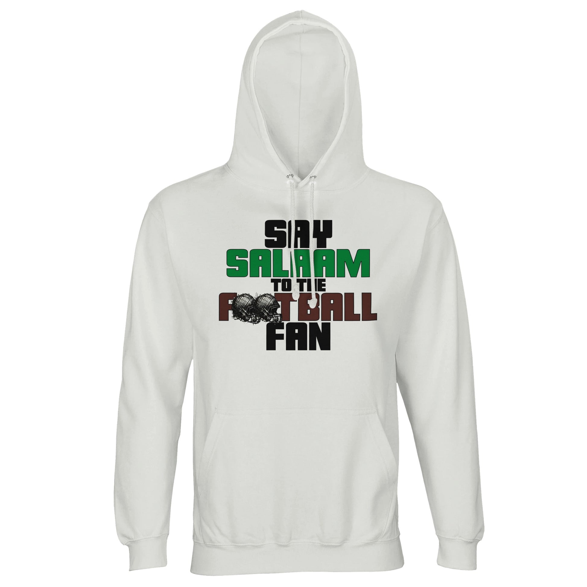 Say Salaam to the American Football Fan Original Part-Recycled Cotton-Poly Adults Hooded Top – White / Platinum featuring bold, text-based design in Black, La Salle Green and American Football Leather Brown — with sketch-style helmets replacing the two O’s in FOOTBALL, inspired by classic NFL graphics. A faith-friendly, sustainable hooded top made for fans who follow touchdowns, check scores, and support their team between prayer times.