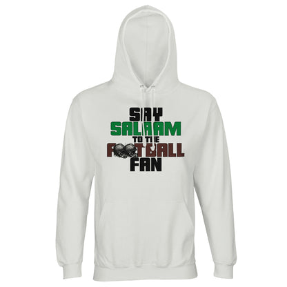 Say Salaam to the American Football Fan Original Part-Recycled Cotton-Poly Adults Hooded Top – White / Platinum featuring bold, text-based design in Black, La Salle Green and American Football Leather Brown — with sketch-style helmets replacing the two O’s in FOOTBALL, inspired by classic NFL graphics. A faith-friendly, sustainable hooded top made for fans who follow touchdowns, check scores, and support their team between prayer times.
