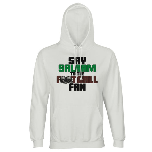 Say Salaam to the American Football Fan Original Part-Recycled Cotton-Poly Adults Hooded Top – White / Platinum featuring bold, text-based design in Black, La Salle Green and American Football Leather Brown — with sketch-style helmets replacing the two O’s in FOOTBALL, inspired by classic NFL graphics. A faith-friendly, sustainable hooded top made for fans who follow touchdowns, check scores, and support their team between prayer times.