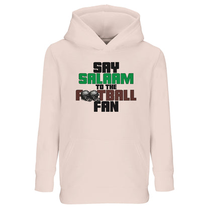 Say Salaam to the American Football Fan Original Part-Recycled Cotton-Poly Kids Hoodie – Creamy Pink / Oyster Pink featuring bold, text-based design in Black, La Salle Green and American Football Leather Brown — with sketch-style gridiron helmets. A faith-friendly, modest hooded top Eid present for young fans following fantasy football leagues, college football games, NFL scores, wide receiver stats, and sports clips. Perfect for children’s game-day outfits, sports-themed gifts and throwing NFL balls.