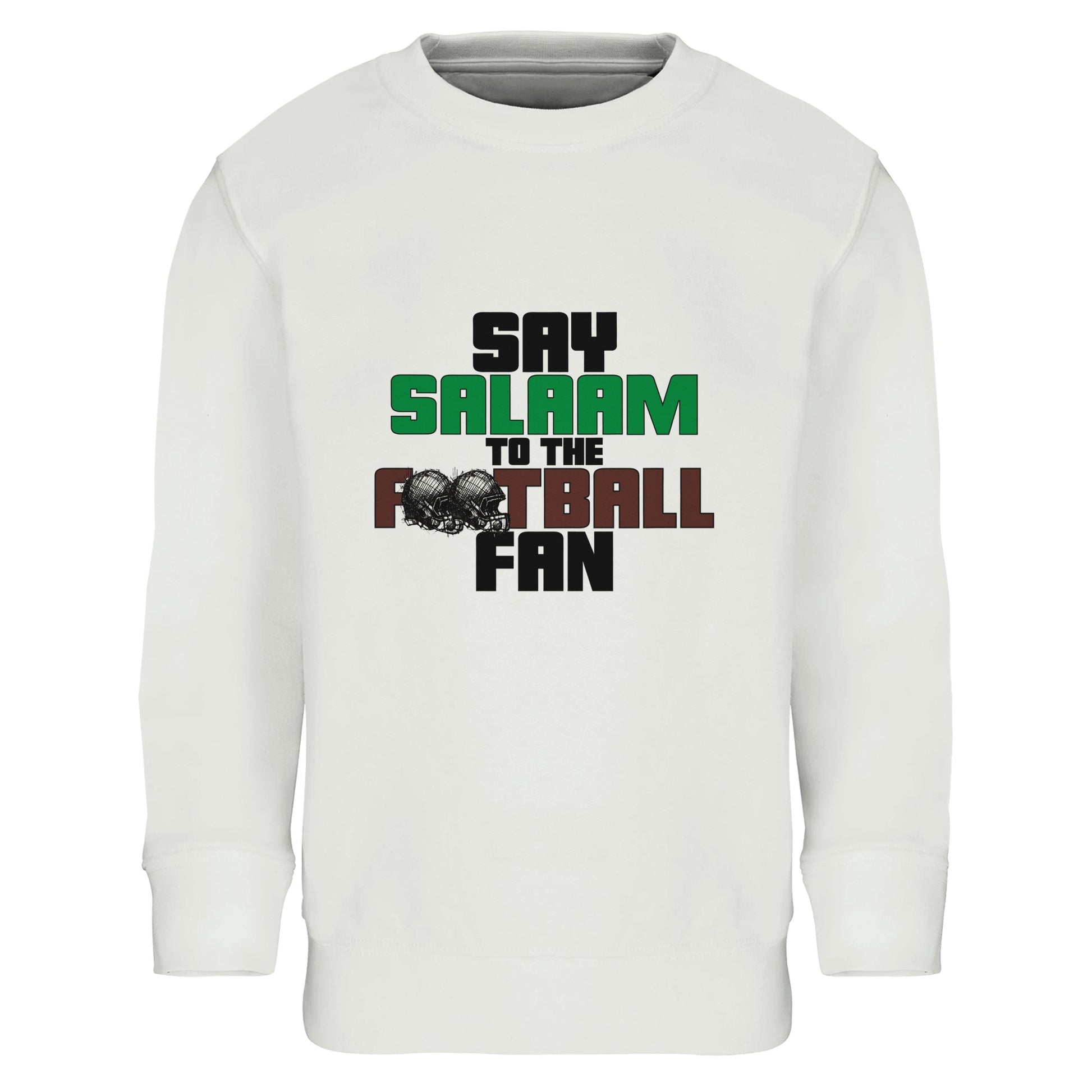 Say Salaam to the American Football Fan Original Part-Recycled Cotton-Poly Kids Sweatshirt – White / Platinum featuring bold, text-based design in Black, La Salle Green and American Football Leather Brown — with sketch-style helmets for a gritty, gridiron-inspired twist. A faith-friendly, sustainable jumper that channels raw Sunday-night energy. Eid or birthday presents for NFL-loving kids who treat it like a jersey, track touchdowns, rep their favourite teams, and scroll highlights between prayer times.
