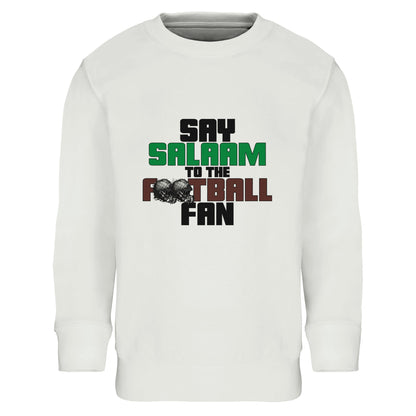 Say Salaam to the American Football Fan Original Part-Recycled Cotton-Poly Kids Sweatshirt – White / Platinum featuring bold, text-based design in Black, La Salle Green and American Football Leather Brown — with sketch-style helmets for a gritty, gridiron-inspired twist. A faith-friendly, sustainable jumper that channels raw Sunday-night energy. Eid or birthday presents for NFL-loving kids who treat it like a jersey, track touchdowns, rep their favourite teams, and scroll highlights between prayer times.