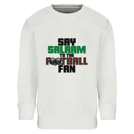 Say Salaam to the American Football Fan Original Part-Recycled Cotton-Poly Kids Sweatshirt – White / Platinum featuring bold, text-based design in Black, La Salle Green and American Football Leather Brown — with sketch-style helmets for a gritty, gridiron-inspired twist. A faith-friendly, sustainable jumper that channels raw Sunday-night energy. Eid or birthday presents for NFL-loving kids who treat it like a jersey, track touchdowns, rep their favourite teams, and scroll highlights between prayer times.