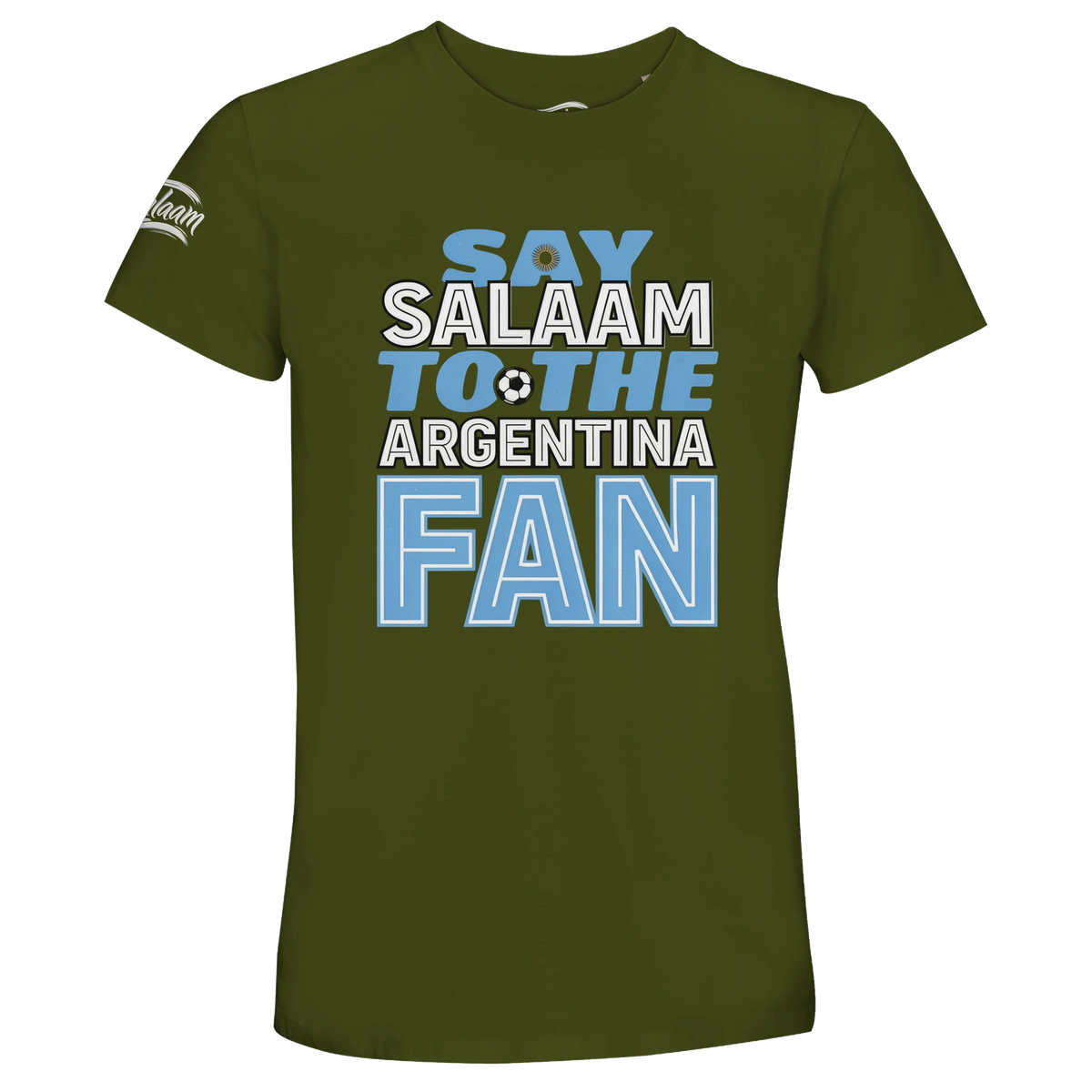 Say Salaam to the Argentina Fan Design #1 Recycled Unisex Cotton T-shirt – Army. A Say Salaam graphic T-shirt for Argentina fans in Army. The supporter slogan makes a casual alternative to conventional club merchandise for everyday wear, matchday viewing and gifts.