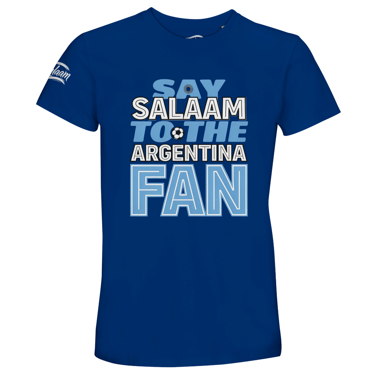 Say Salaam to the Argentina Fan Design #1 Recycled Unisex Cotton T-shirt – Royal Blue. A Say Salaam graphic T-shirt for Argentina fans in Royal Blue. The supporter slogan makes a casual alternative to conventional club merchandise for everyday wear, matchday viewing and gifts.
