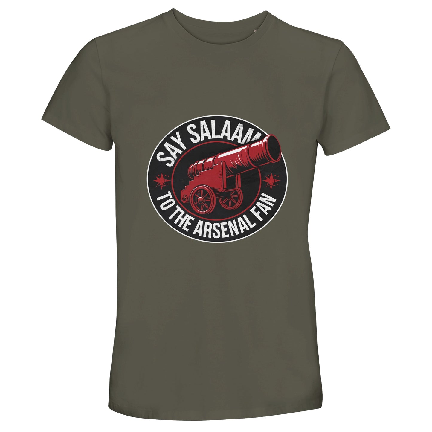 Say Salaam to the Arsenal Fan Design #1 50% Recycled Unisex Cotton T-Shirt – Army / Fuscous Grey featuring statement red and black typography echoing chants from North London stands. Woven from eco-responsible cotton for comfort between salah and kick-off, it’s a modest essential for fans following Premier League scores and transfer news. This versatile unisex tee connects ethical streetwear, sustainability and Arsenal pride, expressing faith, style and football devotion in one classic silhouette.