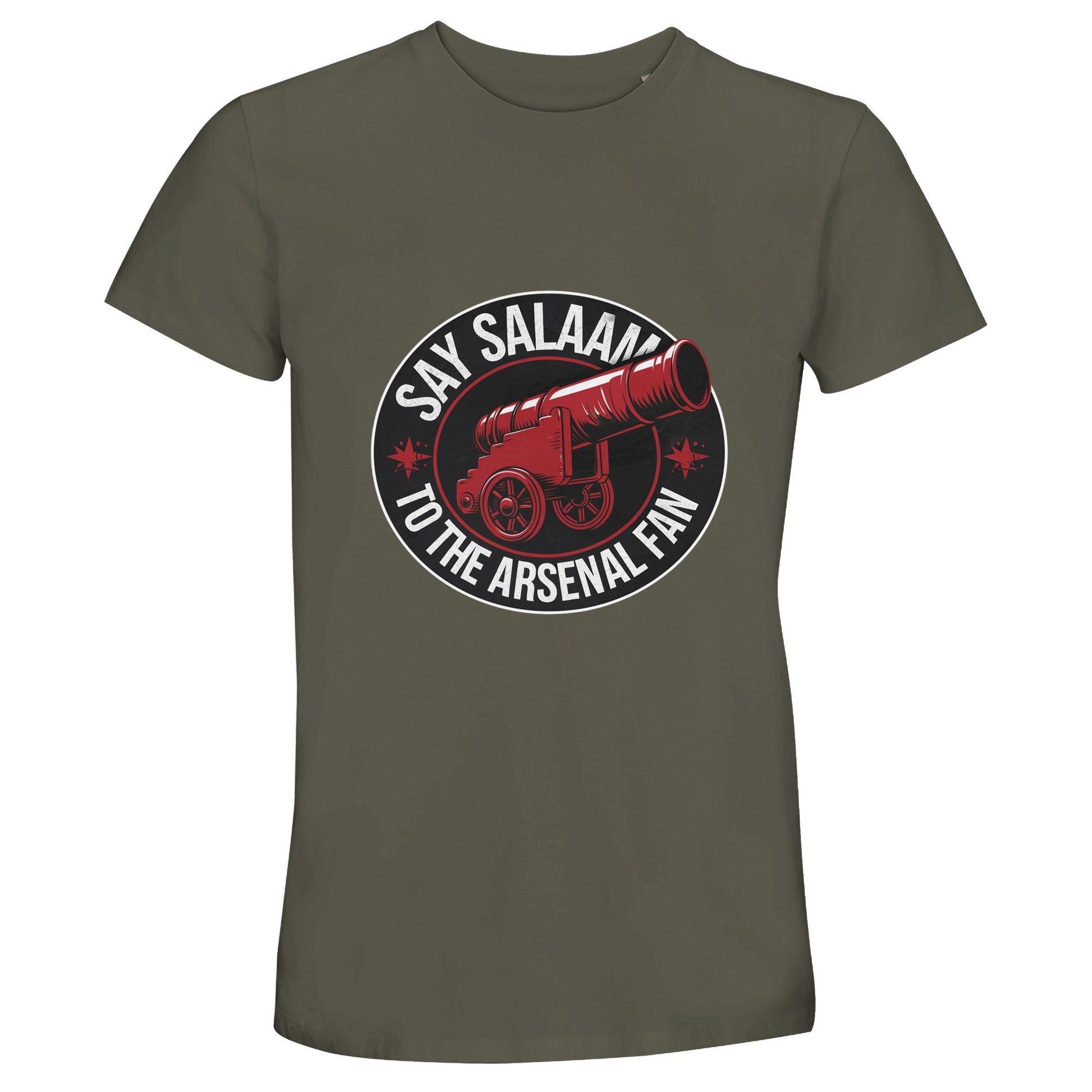 Say Salaam to the Arsenal Fan Design #1 50% Recycled Unisex Cotton T-Shirt – Army / Fuscous Grey featuring statement red and black typography echoing chants from North London stands. Woven from eco-responsible cotton for comfort between salah and kick-off, it’s a modest essential for fans following Premier League scores and transfer news. This versatile unisex tee connects ethical streetwear, sustainability and Arsenal pride, expressing faith, style and football devotion in one classic silhouette.
