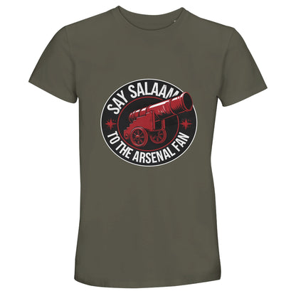 Say Salaam to the Arsenal Fan Design #1 50% Recycled Unisex Cotton T-Shirt – Army / Fuscous Grey featuring statement red and black typography echoing chants from North London stands. Woven from eco-responsible cotton for comfort between salah and kick-off, it’s a modest essential for fans following Premier League scores and transfer news. This versatile unisex tee connects ethical streetwear, sustainability and Arsenal pride, expressing faith, style and football devotion in one classic silhouette.
