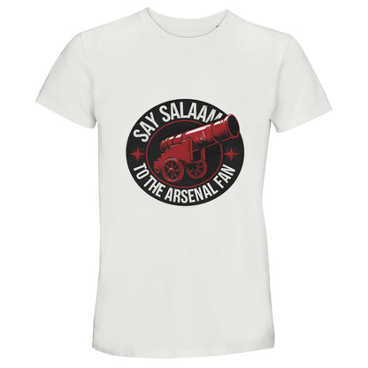 Say Salaam to the Arsenal Fan Design #1 50% Recycled Unisex Cotton T-Shirt – White / Platinum with bold black and Thunderbird Red typework celebrating the Gunners’ enduring energy. Made for breathable comfort across matchdays and prayer breaks alike, it bridges modest fashion and football culture. Ideal for Muslim supporters streaming fixtures, or tracking scores, this sustainable design honours Arsenal loyalty and conscious living in effortless streetwear form.