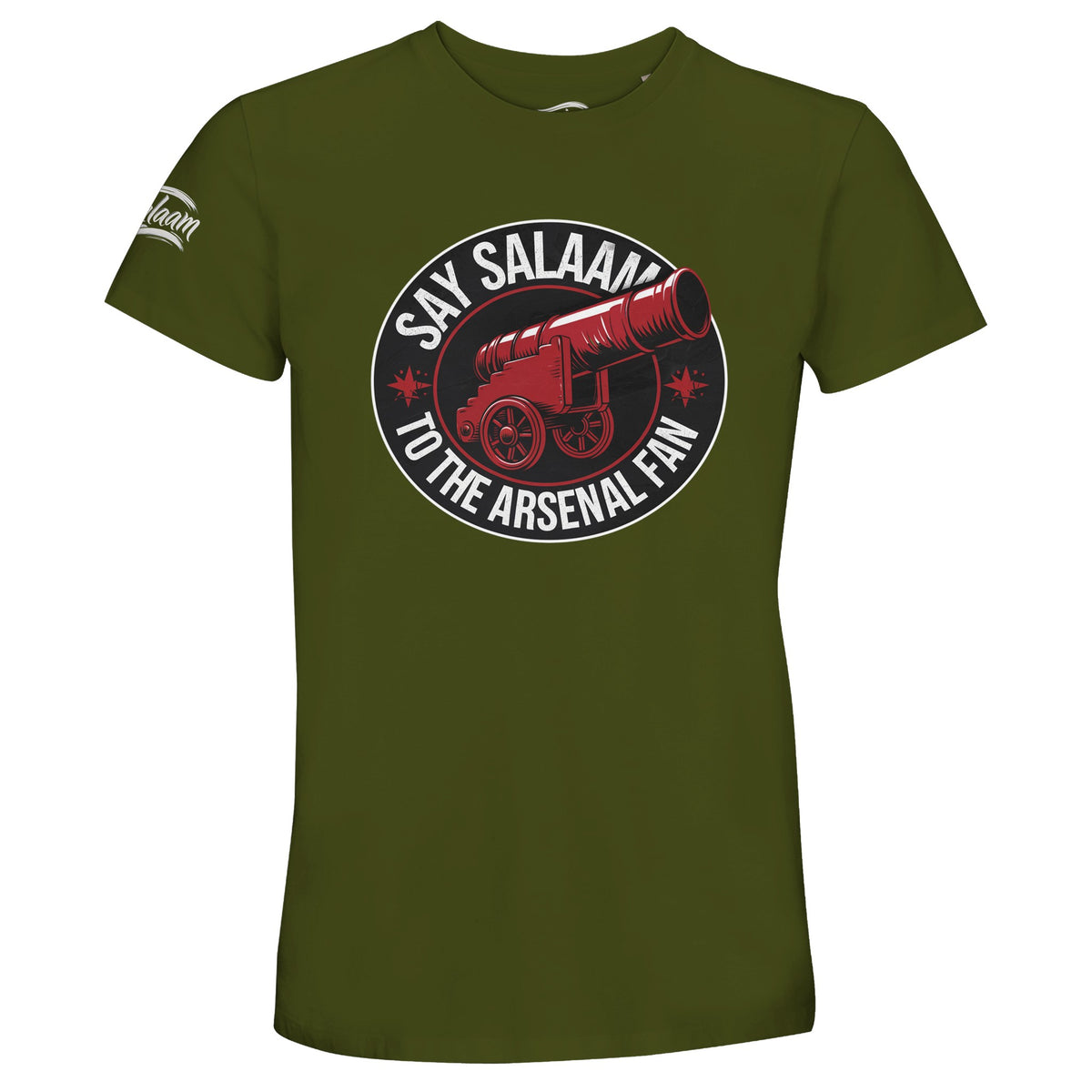 Say Salaam to the Arsenal Fan, Design #1, on an Army 50% recycled unisex cotton T-shirt. The Army colour is also known as olive green and earthy fuscous grey. Front-view mock-up showing the Say Salaam graphic printed on a short-sleeved crew-neck tee. For Arsenal FC, Gunners and North London football fans. Casual graphic clothing for men and women, suitable for matchdays, weekends, modest streetwear and gifts. This photograph shows the Army garment and its front design.