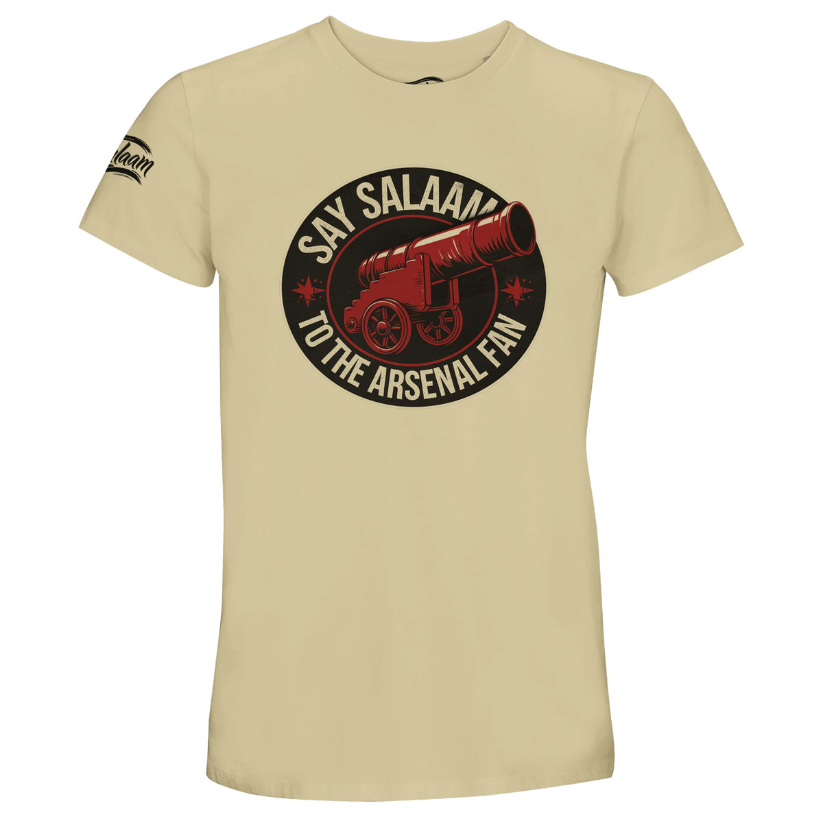 Say Salaam to the Arsenal Fan, Design #1, on a Natural 50% recycled unisex cotton T-shirt. The Natural colour is also known as warm beige, off-white, oatmeal and satin linen. Front-view mock-up showing the Say Salaam graphic printed on a short-sleeved crew-neck tee. For Arsenal FC, Gunners and North London football fans. Casual graphic clothing for men and women, suitable for matchdays, weekends, modest streetwear and gifts. This photograph shows the Natural garment and its front design.