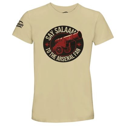 Say Salaam to the Arsenal Fan, Design #1, on a Natural 50% recycled unisex cotton T-shirt. The Natural colour is also known as warm beige, off-white, oatmeal and satin linen. Front-view mock-up showing the Say Salaam graphic printed on a short-sleeved crew-neck tee. For Arsenal FC, Gunners and North London football fans. Casual graphic clothing for men and women, suitable for matchdays, weekends, modest streetwear and gifts. This photograph shows the Natural garment and its front design.
