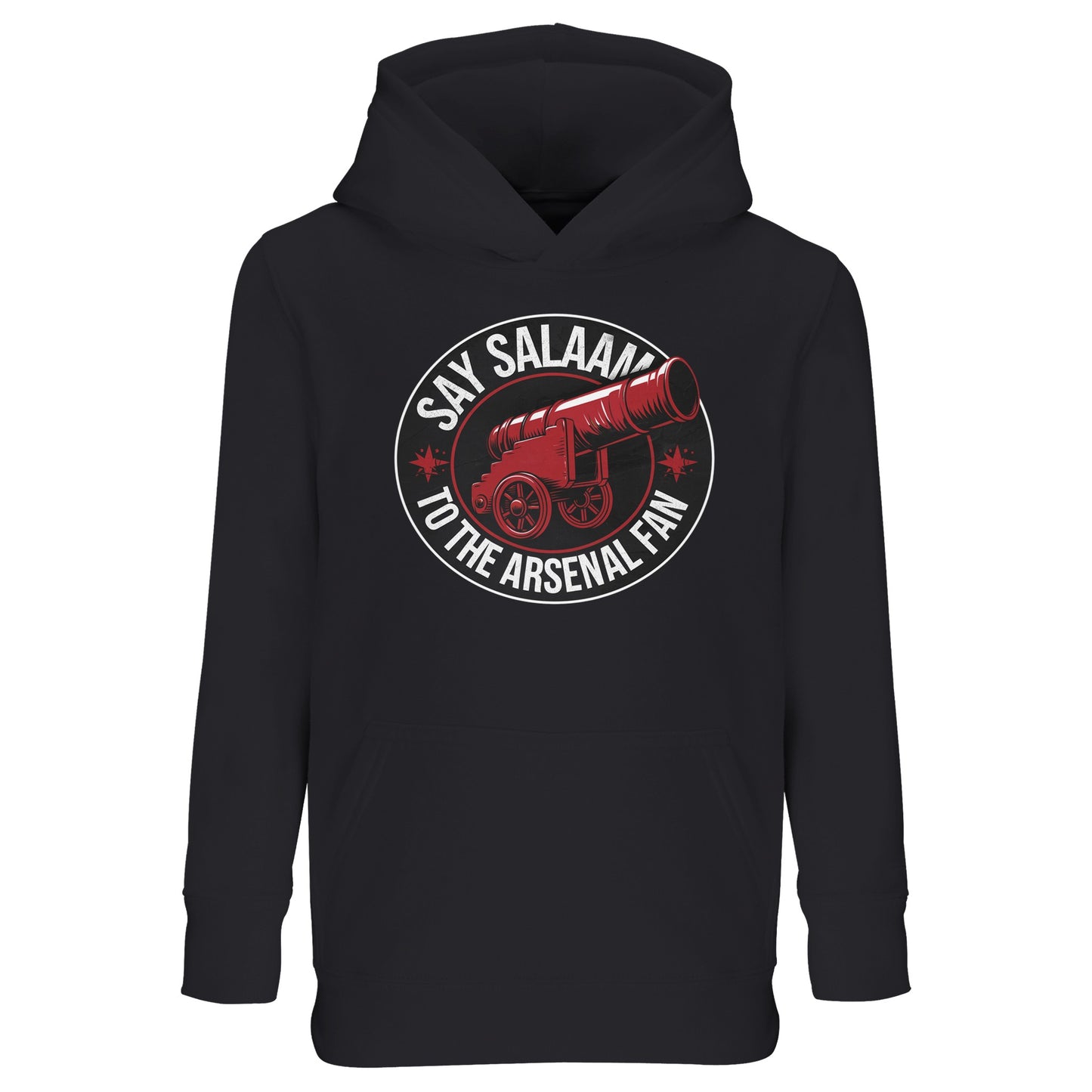 Say Salaam to the Arsenal Fan Design #1 Part-Recycled Cotton-Poly Kids Hoodie – Black / Onyx with bright red and white Arsenal W.F.C.-style print recalling Ian Wright’s Invincibles era and Saka’s flair. The recycled fleece offers warmth through schooldays, games and salah breaks. Perfect for Gooners tracking fixtures, transfer news and Premier League standings under Arteta’s Gunners. A modest, unisex hoodie linking faith, family and football pride from Champions League nights to everyday streetwear style.