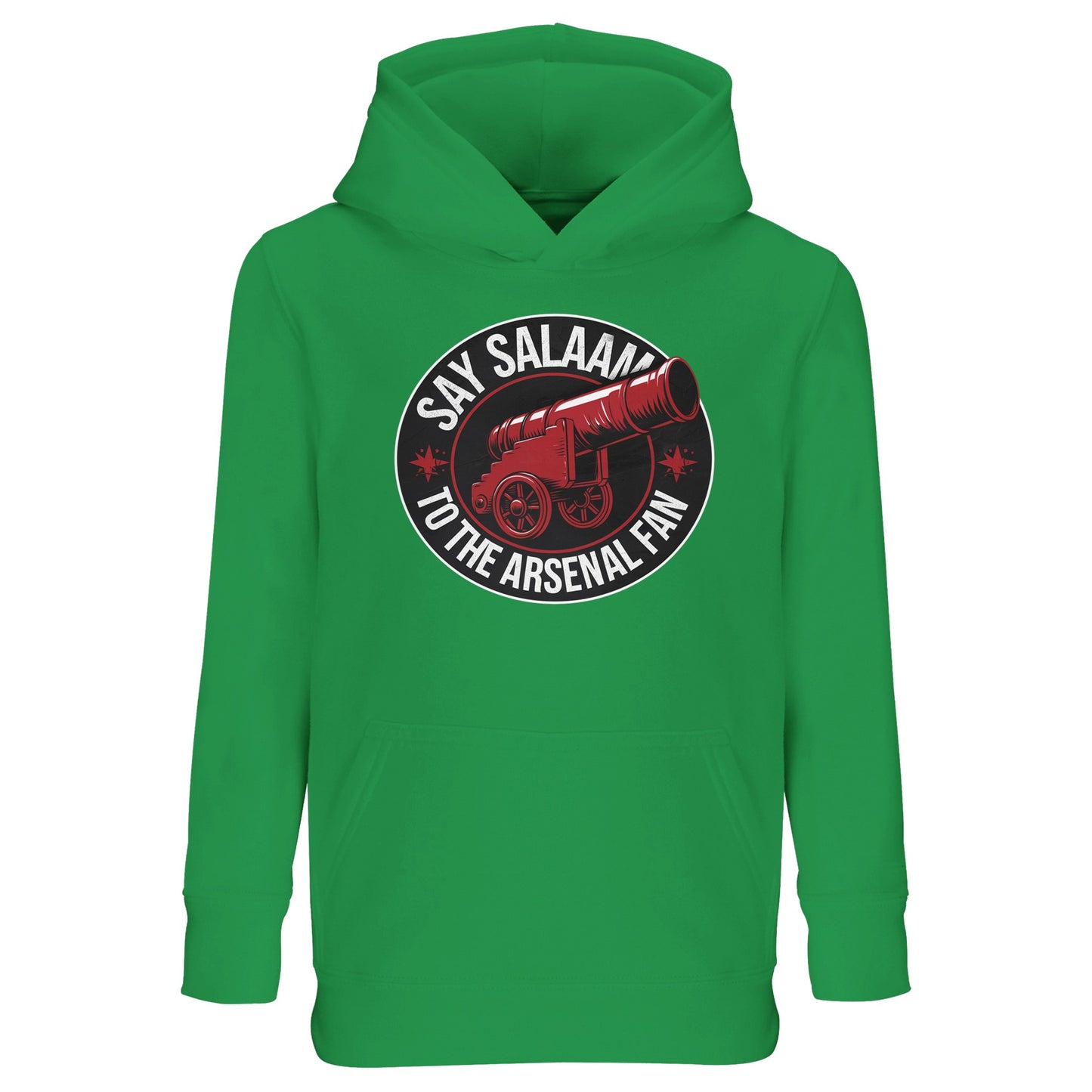 Say Salaam to the Arsenal Fan Design #1 Part-Recycled Cotton-Poly Kids Hoodie – Kelly Green / Pitchside Mint with red-and-black Arsenal typography. The recycled fleece delivers warmth for school, prayer and play. Ideal for Gooners watching Arsenal W.F.C., checking fixtures or Premier League tables, inspired by Saka, Arteta and Ian Wright. A modest, eco-aware jumper for young Gunners who dream of Champions League matches and wear their club with faith, style and sustainability.