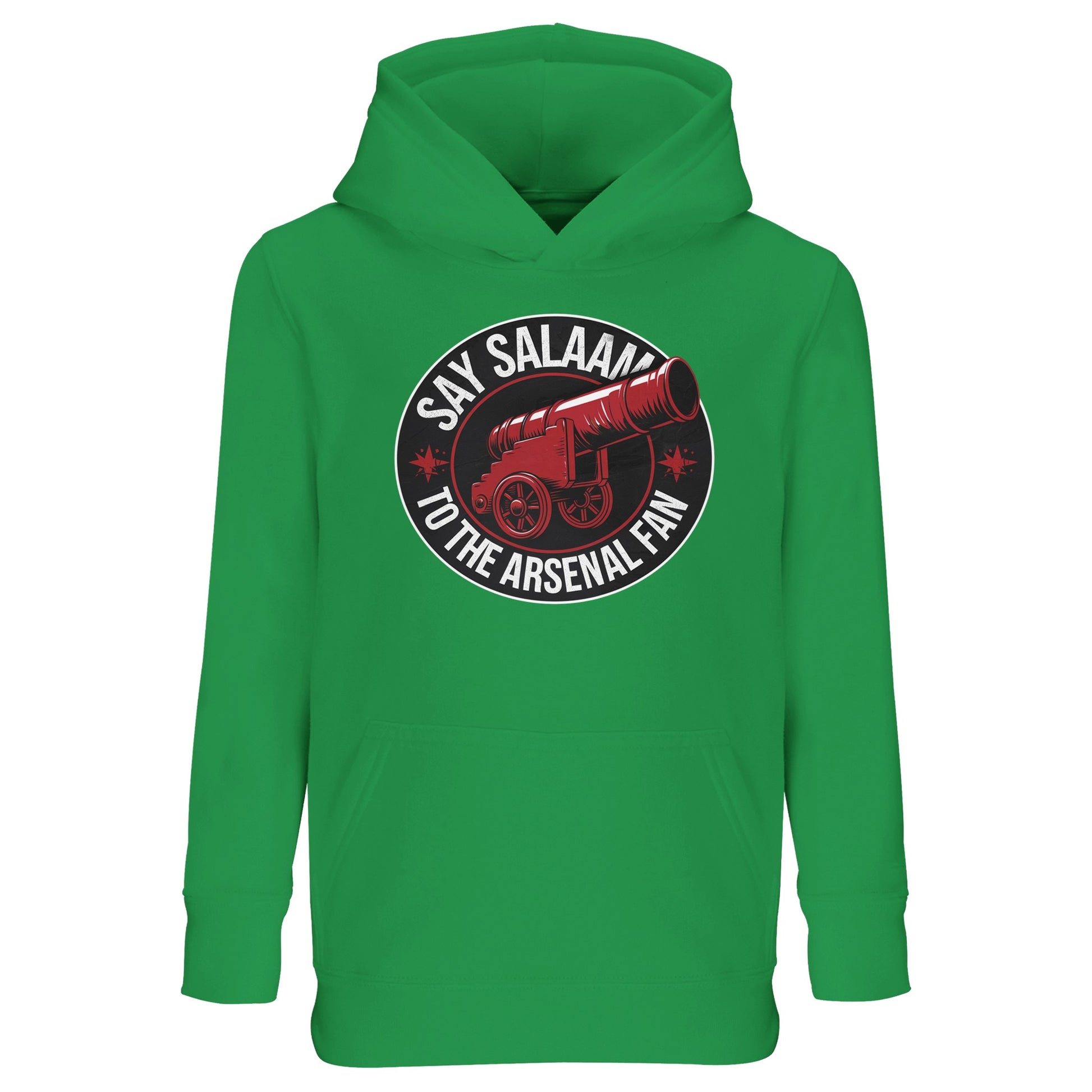 Say Salaam to the Arsenal Fan Design #1 Part-Recycled Cotton-Poly Kids Hoodie – Kelly Green / Pitchside Mint with red-and-black Arsenal typography. The recycled fleece delivers warmth for school, prayer and play. Ideal for Gooners watching Arsenal W.F.C., checking fixtures or Premier League tables, inspired by Saka, Arteta and Ian Wright. A modest, eco-aware jumper for young Gunners who dream of Champions League matches and wear their club with faith, style and sustainability.