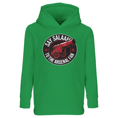 Say Salaam to the Arsenal Fan Design #1 Part-Recycled Cotton-Poly Kids Hoodie – Kelly Green / Pitchside Mint with red-and-black Arsenal typography. The recycled fleece delivers warmth for school, prayer and play. Ideal for Gooners watching Arsenal W.F.C., checking fixtures or Premier League tables, inspired by Saka, Arteta and Ian Wright. A modest, eco-aware jumper for young Gunners who dream of Champions League matches and wear their club with faith, style and sustainability.