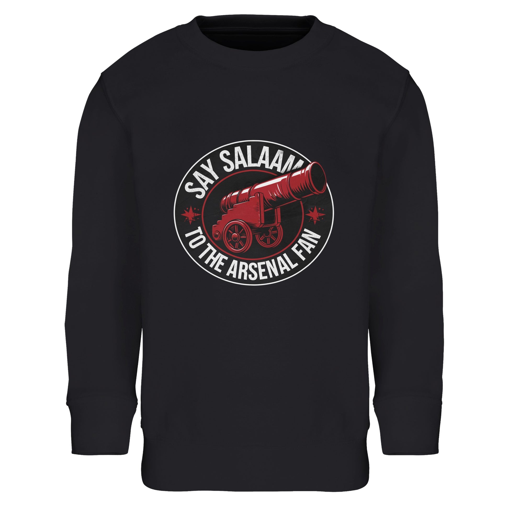 Say Salaam to the Arsenal Fan Design #1 Part-Recycled Cotton-Poly Kids Sweatshirt – Black / Deep Black featuring bold classic lettering and a deep red cannon emblem. This cosy brushed fleece jumper keeps modest young fans comfortable while checking Arsenal fixtures, W.F.C. updates, or Premier League scores. Made from sustainable cotton-poly fabric, it’s an eco kit favourite that brings North London heritage to every layer — shop direct for the full collection.