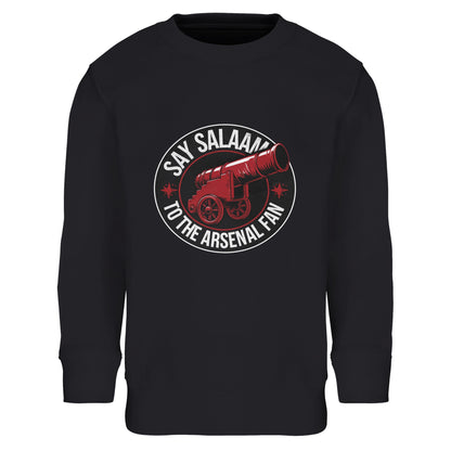 Say Salaam to the Arsenal Fan Design #1 Part-Recycled Cotton-Poly Kids Sweatshirt – Black / Deep Black featuring bold classic lettering and a deep red cannon emblem. This cosy brushed fleece jumper keeps modest young fans comfortable while checking Arsenal fixtures, W.F.C. updates, or Premier League scores. Made from sustainable cotton-poly fabric, it’s an eco kit favourite that brings North London heritage to every layer — shop direct for the full collection.