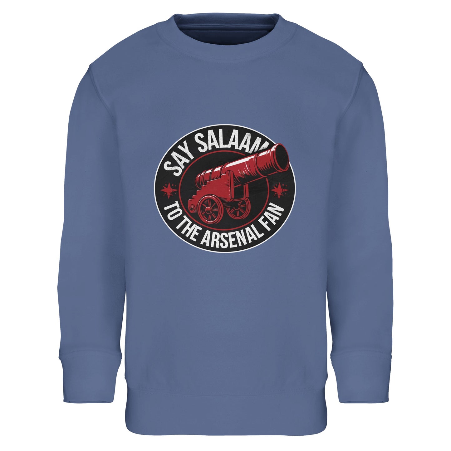 Say Salaam to the Arsenal Fan Design #1 Part-Recycled Cotton-Poly Kids Sweatshirt – Blue / Marble Blue with bold geometric typography and Arsenal’s red cannon symbol. This eco-conscious brushed fleece jumper keeps young supporters warm while checking fixtures, W.F.C. updates, and club standings. Made from an 80% cotton and 20% recycled polyester blend, it’s durable, soft, and part of the Say Salaam eco kit range — shop direct for true Gunners style.
