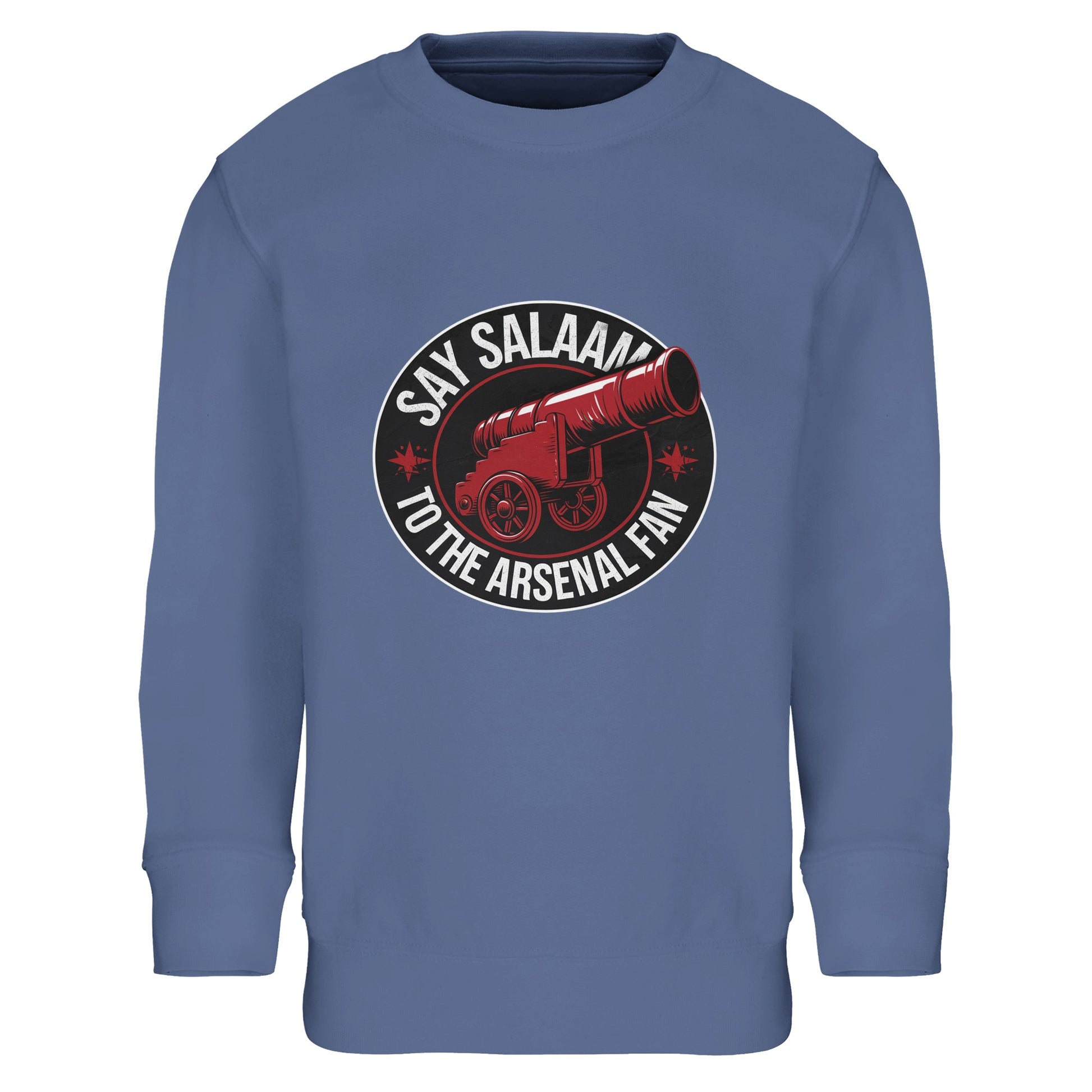 Say Salaam to the Arsenal Fan Design #1 Part-Recycled Cotton-Poly Kids Sweatshirt – Blue / Marble Blue with bold geometric typography and Arsenal’s red cannon symbol. This eco-conscious brushed fleece jumper keeps young supporters warm while checking fixtures, W.F.C. updates, and club standings. Made from an 80% cotton and 20% recycled polyester blend, it’s durable, soft, and part of the Say Salaam eco kit range — shop direct for true Gunners style.