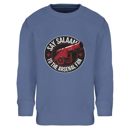 Say Salaam to the Arsenal Fan Design #1 Part-Recycled Cotton-Poly Kids Sweatshirt – Blue / Marble Blue with bold geometric typography and Arsenal’s red cannon symbol. This eco-conscious brushed fleece jumper keeps young supporters warm while checking fixtures, W.F.C. updates, and club standings. Made from an 80% cotton and 20% recycled polyester blend, it’s durable, soft, and part of the Say Salaam eco kit range — shop direct for true Gunners style.