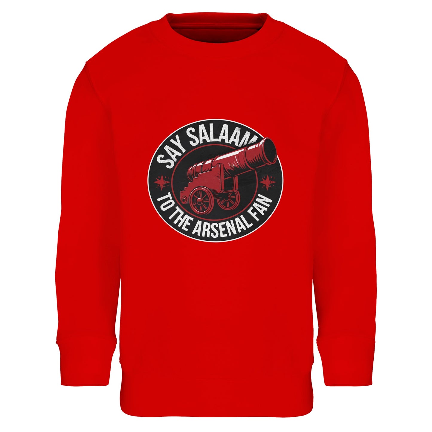 Say Salaam to the Arsenal Fan Design #1 Part-Recycled Cotton-Poly Kids Sweatshirt – Bright Red / Rosso Corsa with retro collegiate lettering and Arsenal’s cannon crest. A warm brushed fleece jumper crafted for young Gunners following fixtures, live scores, and W.F.C. highlights. The sustainable cotton-poly blend delivers comfort and durability while celebrating faith, fandom, and eco design. Available shop direct — the perfect kit piece for spirited supporters.
