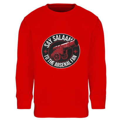 Say Salaam to the Arsenal Fan Design #1 Part-Recycled Cotton-Poly Kids Sweatshirt – Bright Red / Rosso Corsa with retro collegiate lettering and Arsenal’s cannon crest. A warm brushed fleece jumper crafted for young Gunners following fixtures, live scores, and W.F.C. highlights. The sustainable cotton-poly blend delivers comfort and durability while celebrating faith, fandom, and eco design. Available shop direct — the perfect kit piece for spirited supporters.