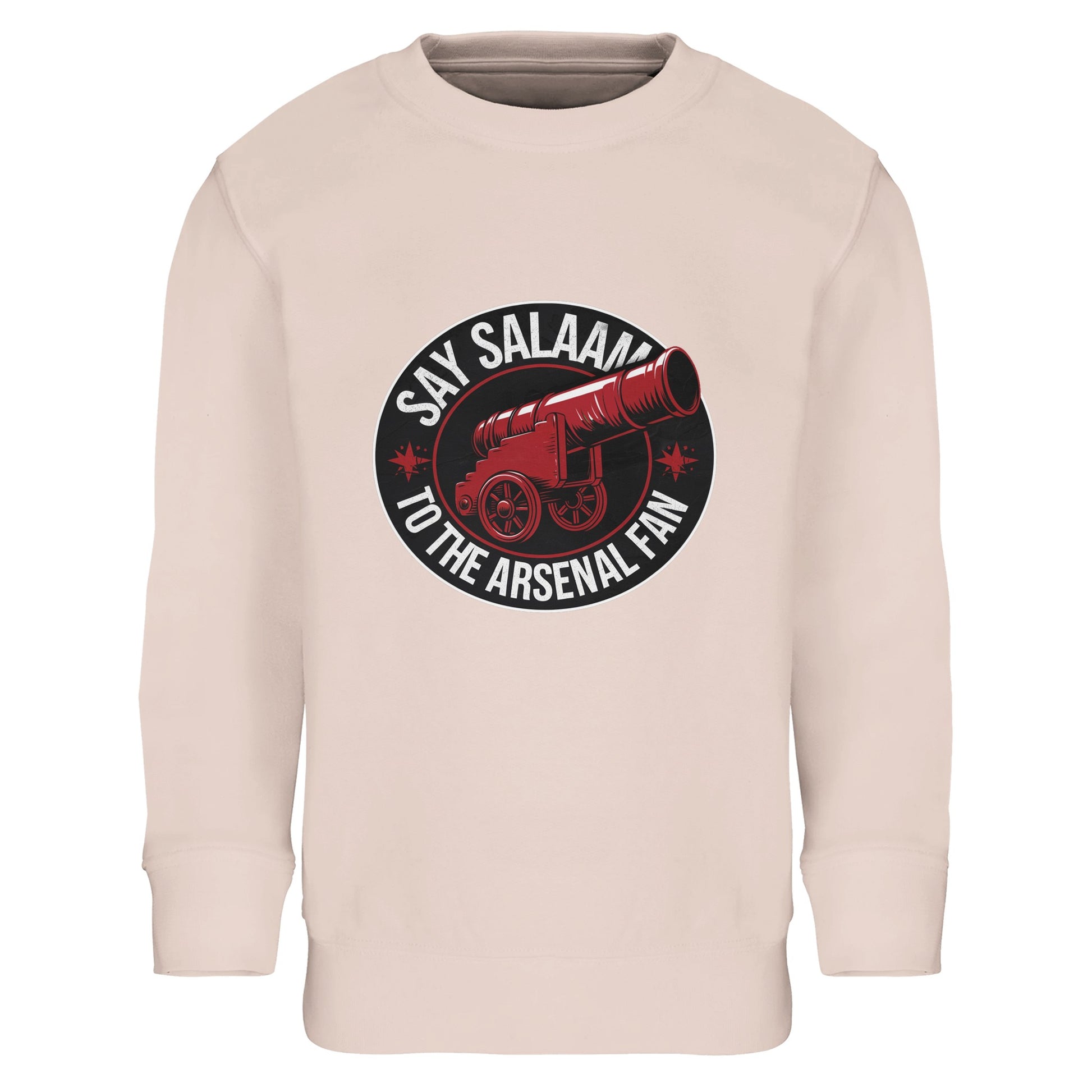Say Salaam to the Arsenal Fan Design #1 Part-Recycled Cotton-Poly Kids Sweatshirt – Creamy Pink / Oyster Pink with bold collegiate lettering and Arsenal’s cannon crest in deep red. This soft brushed fleece jumper is ideal for modest young fans following Arsenal fixtures, W.F.C. news, and matchday standings. Made from sustainable cotton-poly blend fleece, it’s part of the Say Salaam eco kit jumper range — available shop direct for warmth, heritage, and North London pride.