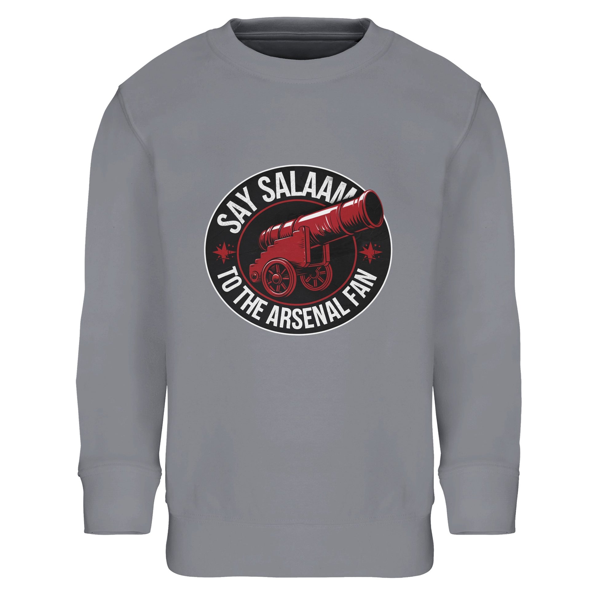 Say Salaam to the Arsenal Fan Design #1 Part-Recycled Cotton-Poly Kids Sweatshirt – Grey Melange / Classic Athletic Grey Blend featuring strong collegiate lettering and a vintage cannon crest. A brushed fleece jumper for young Arsenal fans tracking live scores, fixtures, and W.F.C. standings. Designed from a recycled cotton-poly blend for warmth and flexibility, it’s a shop direct eco kit essential for faithful Gunners — equal parts heritage and comfort.