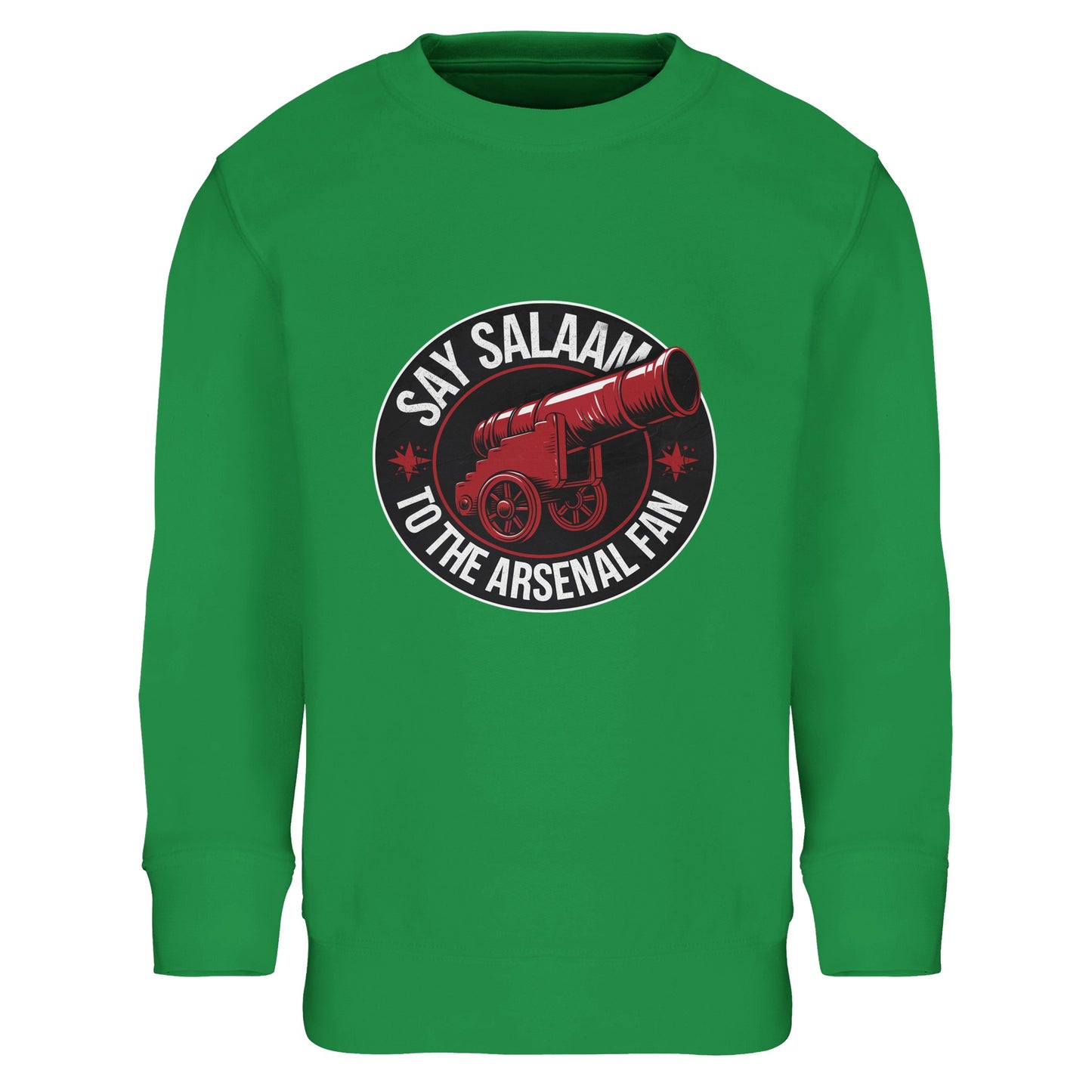 Say Salaam to the Arsenal Fan Design #1 Part-Recycled Cotton-Poly Kids Sweatshirt – Kelly Green / Spring Green with crisp varsity-style lettering framing Arsenal’s iconic cannon. The soft brushed fleece jumper blends modest comfort with matchday passion for kids following scores, fixtures, and W.F.C. news. Sustainably made from 80% cotton and 20% recycled polyester, it’s a shop direct eco kit piece for fans who love the game and the planet.