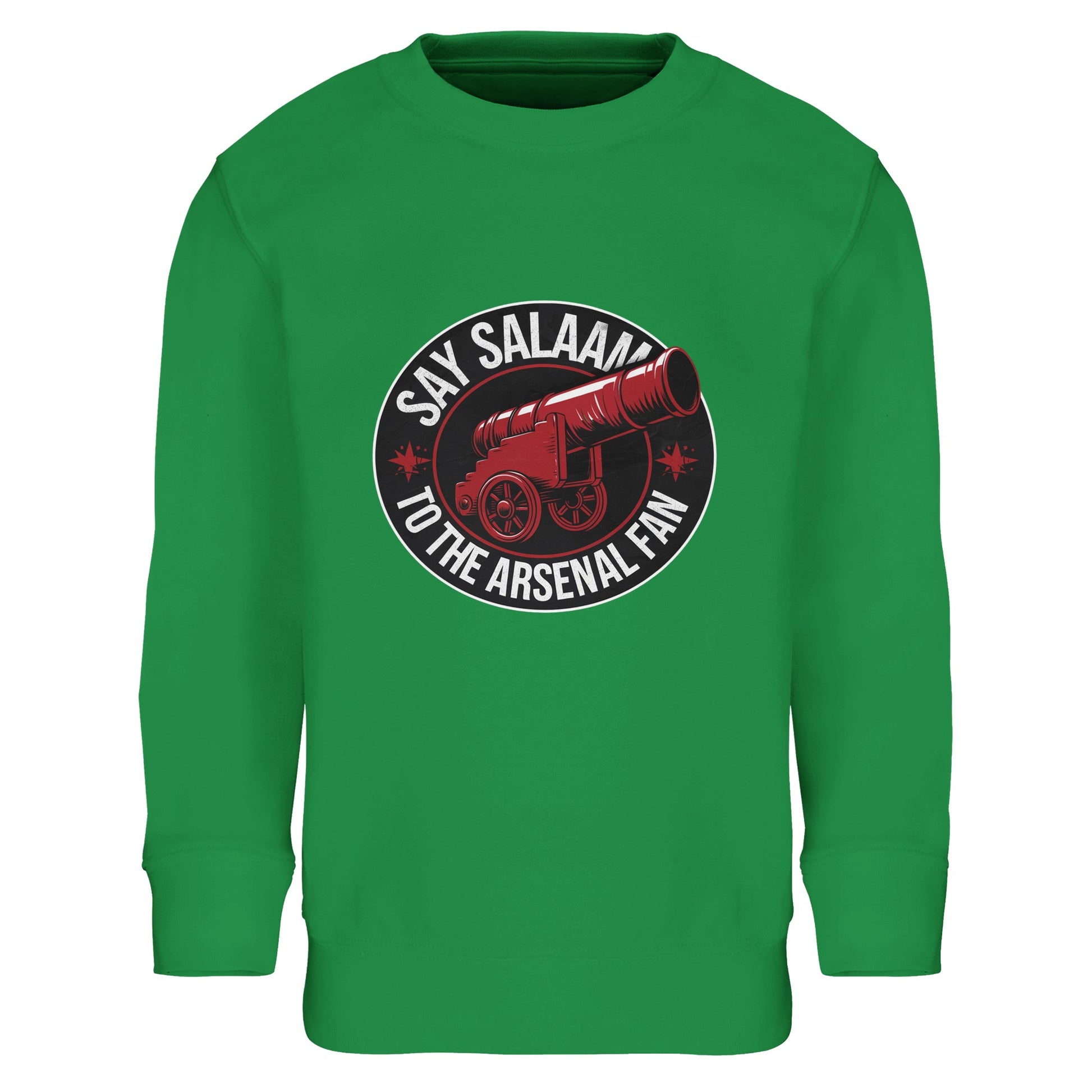 Say Salaam to the Arsenal Fan Design #1 Part-Recycled Cotton-Poly Kids Sweatshirt – Kelly Green / Spring Green with crisp varsity-style lettering framing Arsenal’s iconic cannon. The soft brushed fleece jumper blends modest comfort with matchday passion for kids following scores, fixtures, and W.F.C. news. Sustainably made from 80% cotton and 20% recycled polyester, it’s a shop direct eco kit piece for fans who love the game and the planet.