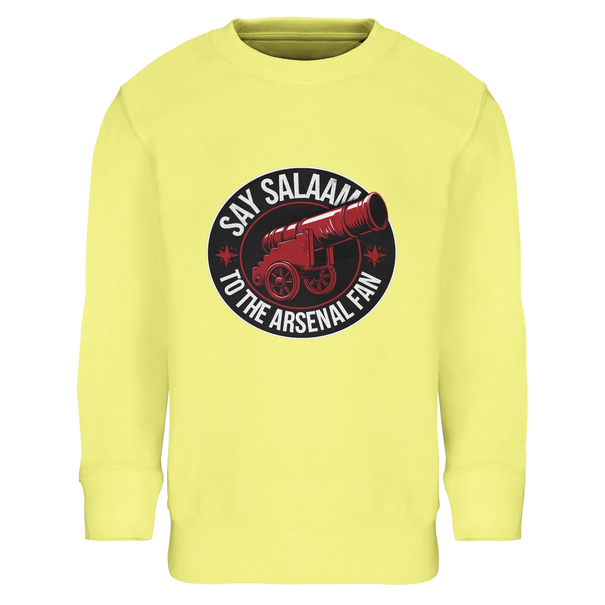 Say Salaam to the Arsenal Fan Design #1 Part-Recycled Cotton-Poly Kids Sweatshirt – Light Yellow / Lemon Chiffon featuring a clean block-font design with Arsenal’s cannon motif. The brushed fleece jumper blends sustainability and style for kids following Arsenal fixtures, W.F.C. progress, and top-four standings. A soft eco kit essential crafted from cotton-poly blend fleece - ideal for modest young fans, available shop direct from the Say Salaam collection.