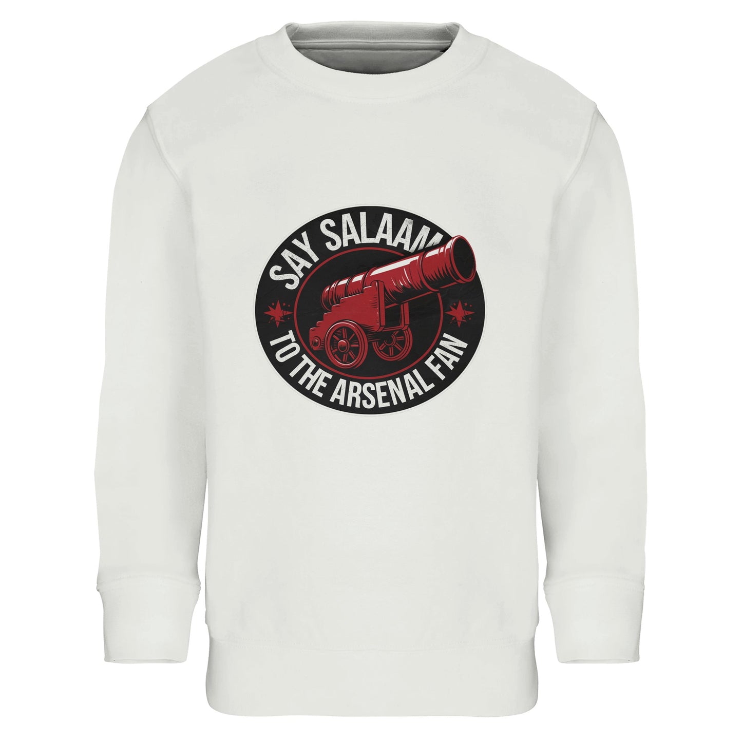 Say Salaam to the Arsenal Fan Design #1 Part-Recycled Cotton-Poly Kids Sweatshirt – White / Platinum featuring vintage bold typography around Arsenal’s red cannon. This soft brushed fleece jumper is perfect for young fans keeping up with Arsenal scores, fixtures, and W.F.C. standings while showing faith and flair. Made from 80% cotton and 20% recycled polyester, it’s a sustainable eco kit essential — available shop direct for everyday comfort and matchday spirit.