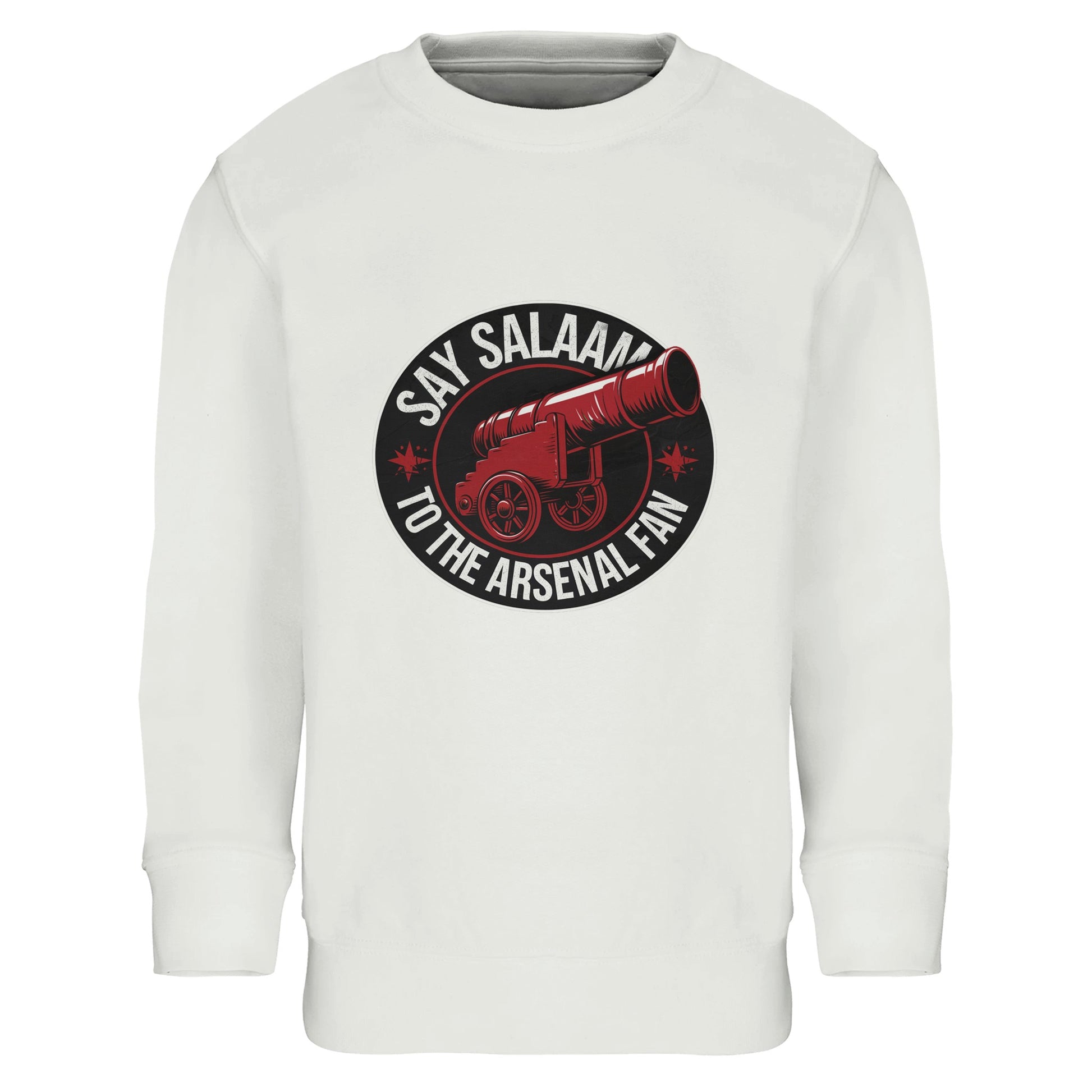 Say Salaam to the Arsenal Fan Design #1 Part-Recycled Cotton-Poly Kids Sweatshirt – White / Platinum featuring vintage bold typography around Arsenal’s red cannon. This soft brushed fleece jumper is perfect for young fans keeping up with Arsenal scores, fixtures, and W.F.C. standings while showing faith and flair. Made from 80% cotton and 20% recycled polyester, it’s a sustainable eco kit essential — available shop direct for everyday comfort and matchday spirit.