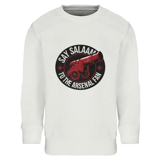 Say Salaam to the Arsenal Fan Design #1 Part-Recycled Cotton-Poly Kids Sweatshirt – White / Platinum featuring vintage bold typography around Arsenal’s red cannon. This soft brushed fleece jumper is perfect for young fans keeping up with Arsenal scores, fixtures, and W.F.C. standings while showing faith and flair. Made from 80% cotton and 20% recycled polyester, it’s a sustainable eco kit essential — available shop direct for everyday comfort and matchday spirit.