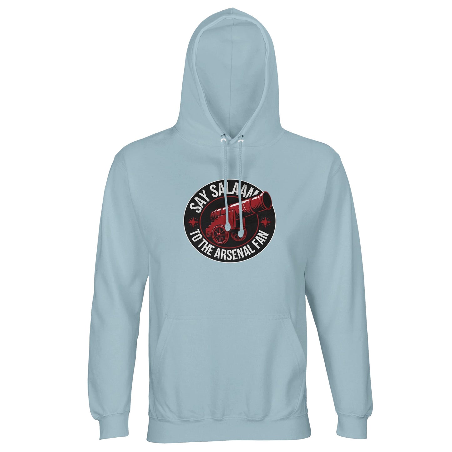 Say Salaam to the Arsenal Fan Design #1 Part-Recycled Unisex Cotton-Poly Hoodie – Creamy Blue / Powder Sky with black and Thunderbird Red Arsenal typework. Made from brushed fleece in a cotton-poly blend for breathable warmth, this modest unisex hoodie suits eco-conscious fans following Arsenal W.F.C., fixtures, standings, and transfer news. Ideal for supporters browsing the Arsenal shop for tickets, jumpers, and fanwear that brings together faith, comfort, and Premier League devotion in one soft layer.