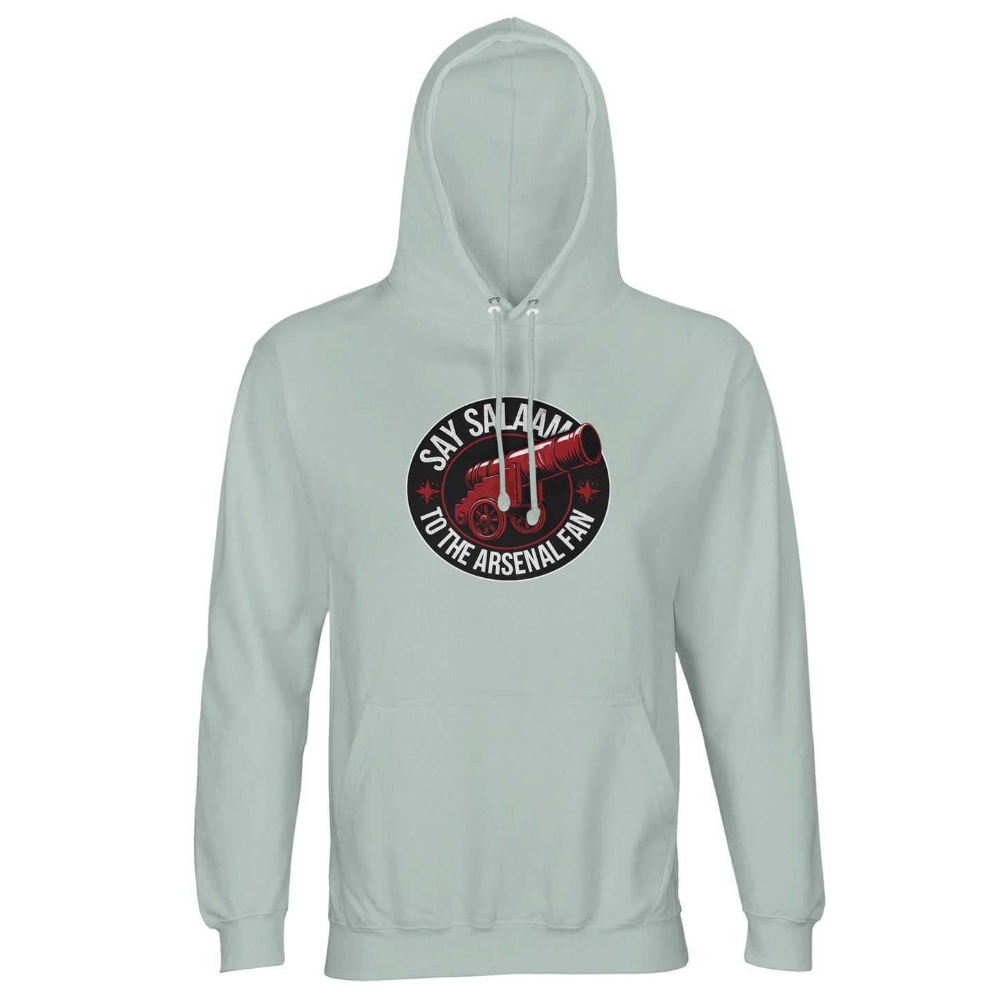 Say Salaam to the Arsenal Fan Design #1 Part-Recycled Unisex Cotton-Poly Hoodie – Creamy Green / Matcha Mist featuring bold red and black Gunners graphics. Crafted from eco-friendly cotton-poly fleece, it’s perfect for supporters following Arsenal fixtures, W.F.C. results, and Premier League tables. This modest, unisex jumper bridges faith and fandom with everyday comfort, appealing to Muslim supporters and sustainable shoppers seeking ethical Arsenal kit style, shop access, and ticket-day warmth.