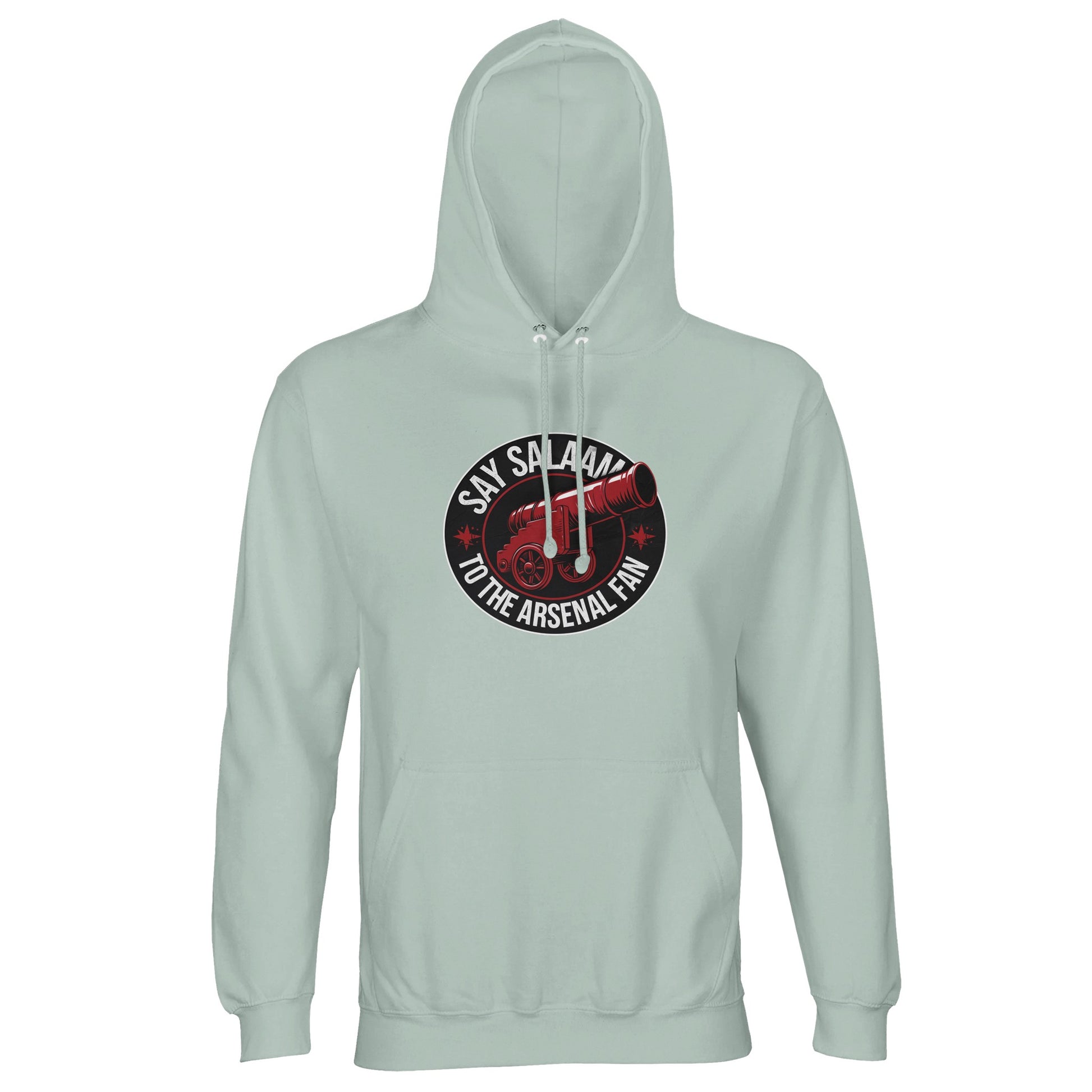 Say Salaam to the Arsenal Fan Design #1 Part-Recycled Unisex Cotton-Poly Hoodie – Creamy Green / Matcha Mist featuring bold red and black Gunners graphics. Crafted from eco-friendly cotton-poly fleece, it’s perfect for supporters following Arsenal fixtures, W.F.C. results, and Premier League tables. This modest, unisex jumper bridges faith and fandom with everyday comfort, appealing to Muslim supporters and sustainable shoppers seeking ethical Arsenal kit style, shop access, and ticket-day warmth.