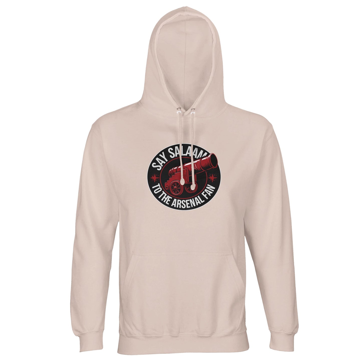 Say Salaam to the Arsenal Fan Design #1 Part-Recycled Unisex Cotton-Poly Hoodie – Creamy Pink / Oyster Pink featuring minimalist black and red print for subtle Arsenal fans. This gender-neutral hooded top, crafted in brushed fleece, suits modest football followers checking fixtures, tables, or match scores. Comfortable and durable, for eco-minded supporters browsing Arsenal’s online shop, looking for sustainable jumpers, tickets, and everyday faith-friendly streetwear rooted in Premier League culture.