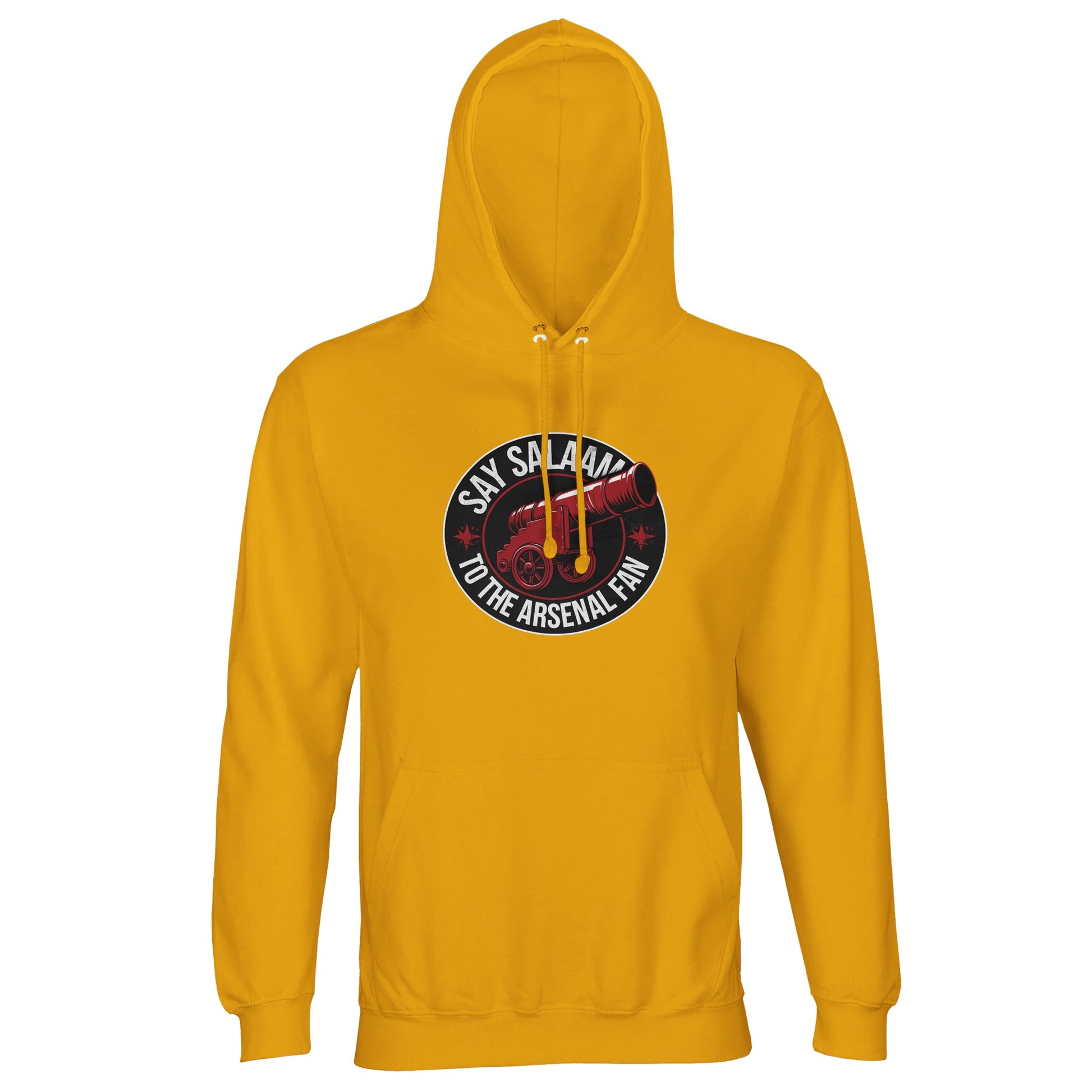 Say Salaam to the Arsenal Fan Design #1 Part-Recycled Unisex Cotton-Poly Hoodie – Gold / Tuscan Sun featuring deep red and black artwork inspired by North London pride. Crafted in soft recycled fleece, it suits everyday wear, prayer breaks, and weekend fixtures. Perfect for Arsenal supporters browsing W.F.C. results, Premier League standings, and ticket updates. A modest, unisex hoodie designed for Muslim and eco-conscious fans wanting sustainable comfort and connection to Arsenal’s iconic shop culture.