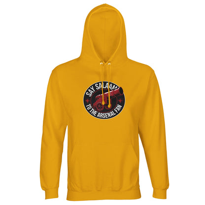Say Salaam to the Arsenal Fan Design #1 Part-Recycled Unisex Cotton-Poly Hoodie – Gold / Tuscan Sun featuring deep red and black artwork inspired by North London pride. Crafted in soft recycled fleece, it suits everyday wear, prayer breaks, and weekend fixtures. Perfect for Arsenal supporters browsing W.F.C. results, Premier League standings, and ticket updates. A modest, unisex hoodie designed for Muslim and eco-conscious fans wanting sustainable comfort and connection to Arsenal’s iconic shop culture.