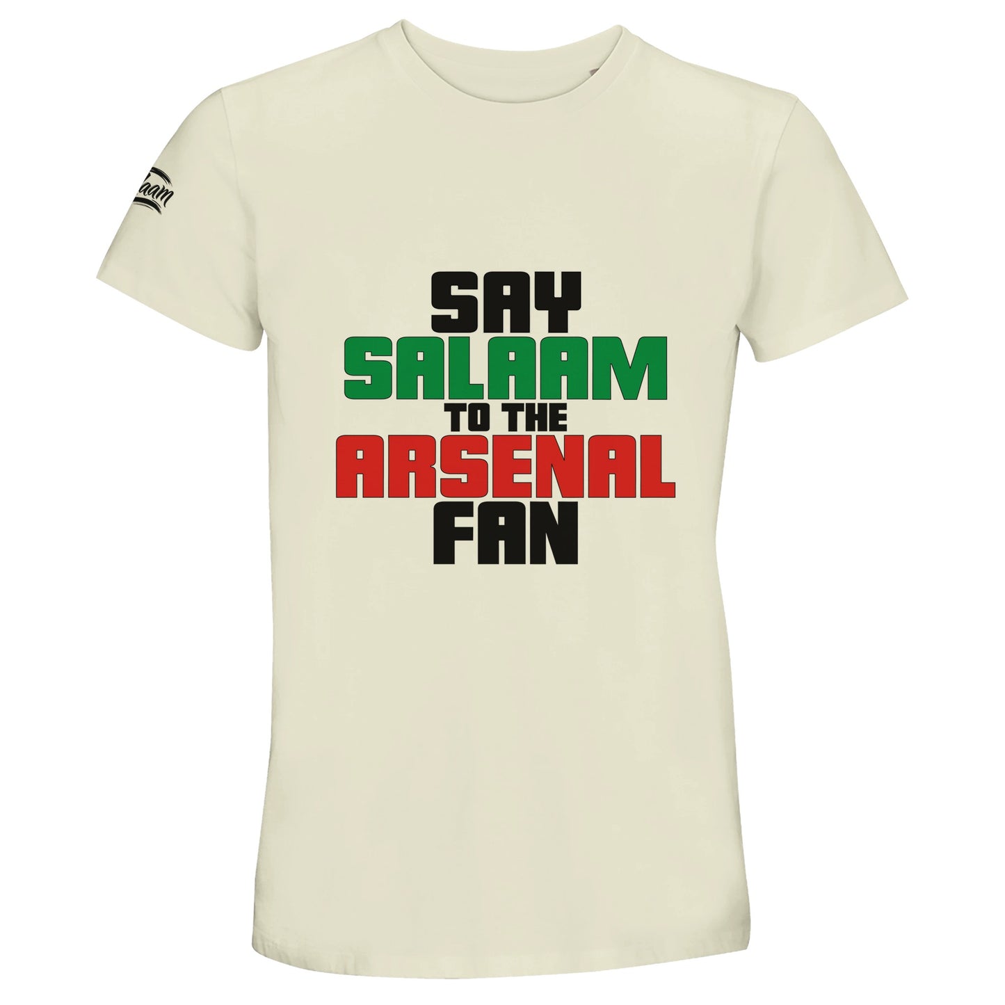 Say Salaam to the Arsenal Fan Original 50% Recycled Unisex Cotton T-Shirt – Natural / Moon Mist / Satin Linen / Beige featuring bold, text-based design in Black, La Salle Green and Cadmium Red. Men’s / Ladies / Essential Basic Crewneck Classic Short-Sleeve Streetwear Tee. This comfortable fit, football-inspired statement, minimalist, sustainable fashion, iconic graphic garment is made for Asnal F.C. fans and supporters tracking scores and match times – at home, away, or browsing Sports Direct.