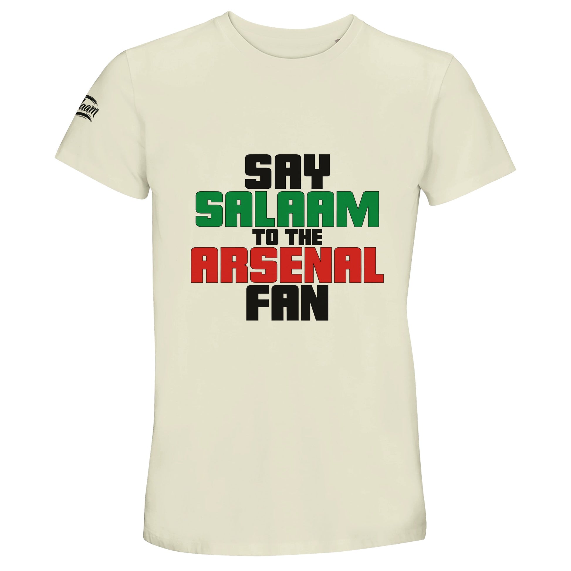 Say Salaam to the Arsenal Fan Original 50% Recycled Unisex Cotton T-Shirt – Natural / Moon Mist / Satin Linen / Beige featuring bold, text-based design in Black, La Salle Green and Cadmium Red. Men’s / Ladies / Essential Basic Crewneck Classic Short-Sleeve Streetwear Tee. This comfortable fit, football-inspired statement, minimalist, sustainable fashion, iconic graphic garment is made for Asnal F.C. fans and supporters tracking scores and match times – at home, away, or browsing Sports Direct.