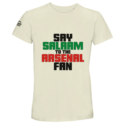 Say Salaam to the Arsenal Fan Original 50% Recycled Unisex Cotton T-Shirt – Natural / Moon Mist / Satin Linen / Beige featuring bold, text-based design in Black, La Salle Green and Cadmium Red. Men’s / Ladies / Essential Basic Crewneck Classic Short-Sleeve Streetwear Tee. This comfortable fit, football-inspired statement, minimalist, sustainable fashion, iconic graphic garment is made for Asnal F.C. fans and supporters tracking scores and match times – at home, away, or browsing Sports Direct.