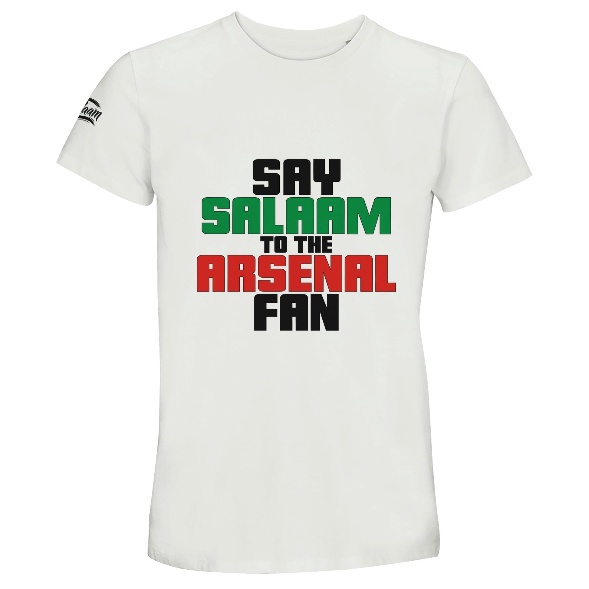 Say Salaam to the Arsenal Fan Original 50% Recycled Unisex Cotton T-Shirt – White / Platinum featuring bold, text-based design in Black, La Salle Green and Cadmium Red. Men’s / Ladies / Essential Basic Crewneck Classic Short-Sleeve Streetwear Tee. This comfortable fit, football-inspired statement, minimalist, sustainable fashion, iconic graphic garment is made for Asnal F.C. fans and supporters tracking the score and match time – at home, away, or browsing Sports Direct for sports style.