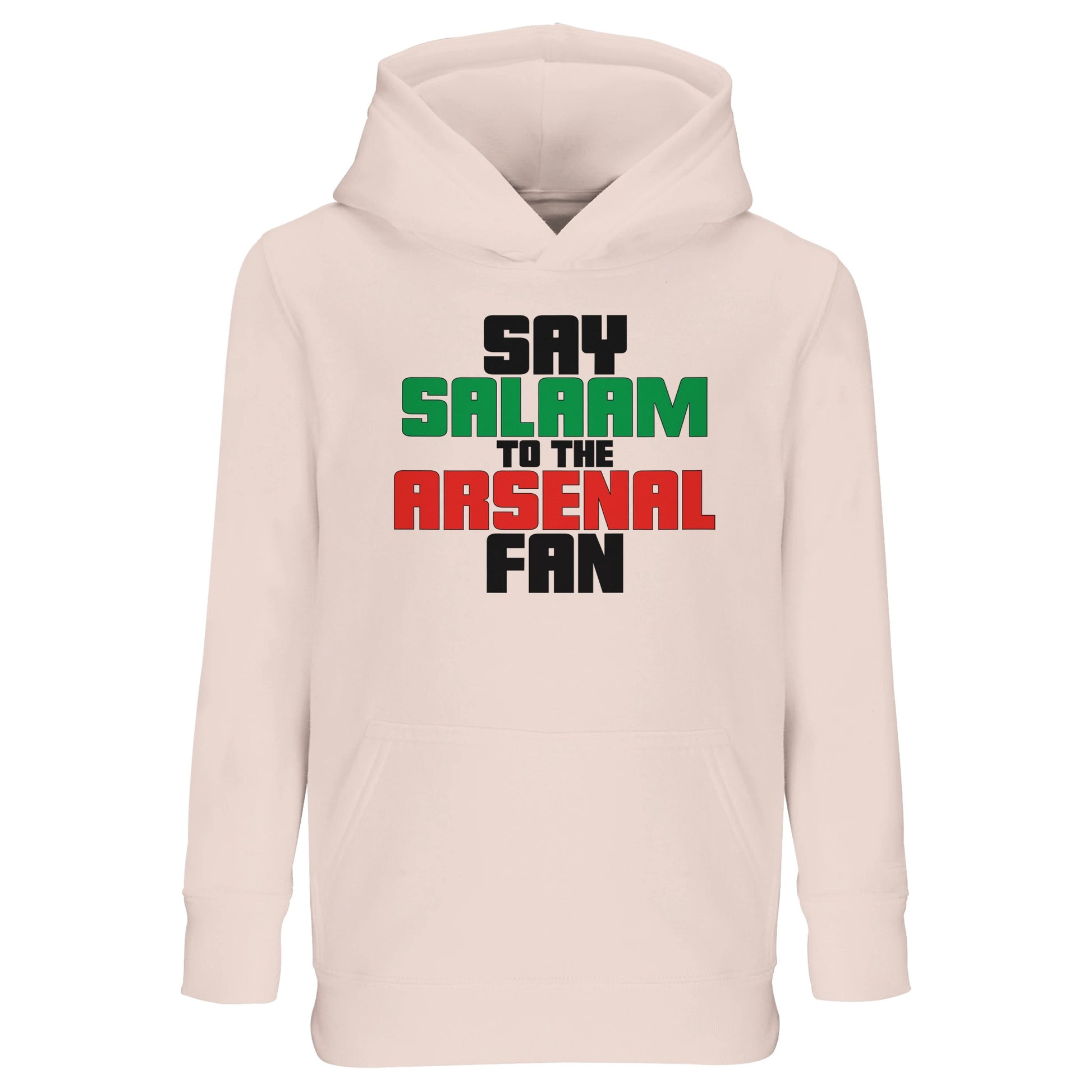 Say Salaam to the Arsenal Fan Original Part-Recycled Cotton-Poly Kids Hoodie – Creamy Pink / Oyster Pink featuring bold, text-based design in Black, La Salle Green and Cadmium Red. Boys’ / Girls’ / Childrens’ Essentials Basic Zipless Pullover Casual Classic Hooded Sweatshirt. This comfortable fit, football-inspired statement, minimalist, sustainable fashion, iconic graphic garment is made for Asnal F.C. fans tracking the score and match time – at home, away, or browsing Sports Direct for sports style.
